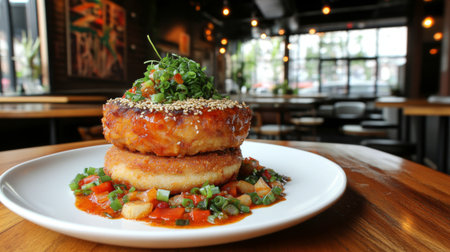 A beautifully plated savory dish features a crispy cake topped with vibrant salsa and fresh herbs, set against a modern restaurant backdrop, perfect for food enthusiasts.の素材