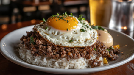 Savor a delectable rice bowl featuring a fried egg, ground meat, and herbs, expertly presented in a cozy restaurant setting, perfect for any meal.の素材