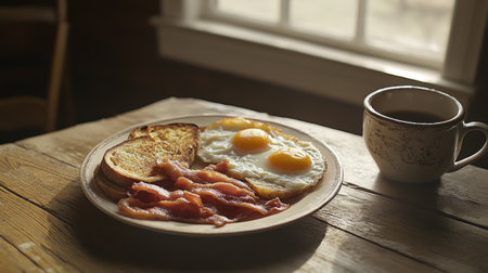 A delightful breakfast scene featuring fried eggs, crispy bacon, and toast served on a rustic plate, paired with a steaming cup of coffee by a window.の素材