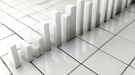 Explore a striking 3D design of a white bar graph rising on a glossy floor, symbolizing financial growth and success in a contemporary business landscape.の素材