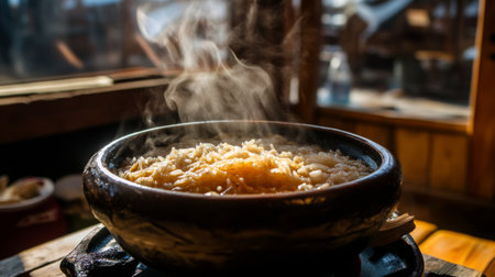 A steaming bowl of freshly cooked rice is displayed in a rustic wooden setting, showcasing the warmth and inviting atmosphere perfect for food lovers and culinary fans alike.の素材