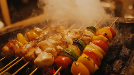Savory grilled chicken and fresh vegetables unite on skewers, served over a smoky barbecue to create an enticing outdoor dining experience perfect for summer.の素材