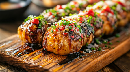 Mouth-watering grilled skewers drizzled with rich sauce and garnished with fresh herbs create an inviting presentation perfect for food enthusiasts and culinary lovers.の素材