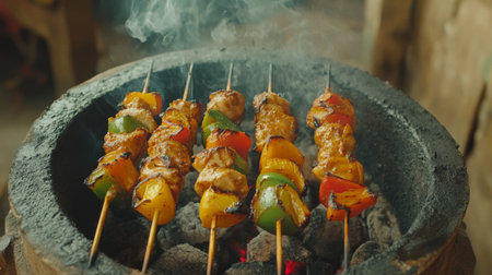 Colorful skewers of meat and vegetables grill over charcoal, releasing savory smoke. Perfect for summer gatherings, this dish embodies delicious flavors and outdoor enjoyment.の素材