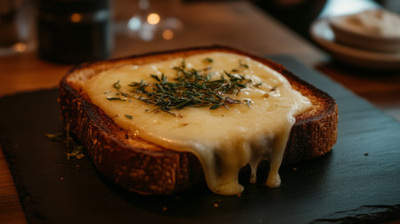 This mouthwatering image showcases gooey melted cheese draping over crispy toast, garnished with fresh herbs, set against a dark slate plate in a warm dining atmosphere.の素材