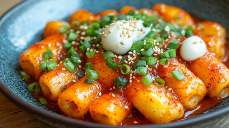 Enjoy a vibrant plate of tteokbokki, featuring tender rice cakes coated in a spicy red sauce, garnished with fresh green onions and sesame seeds, perfect for Korean cuisine lovers.の素材