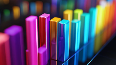 Vivid abstract bar graph design showcasing colorful bars representing data visualization concepts in a modern digital landscape suitable for business and marketing projects.の素材