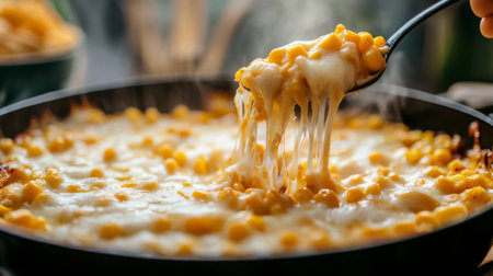 A close-up of creamy cheesy corn casserole pulling apart with melted cheese, showcasing a warm and inviting homemade dish fresh from the skillet. Ideal for meal inspirations.の素材