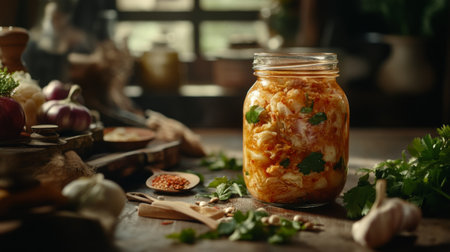 A vibrant jar of pickled vegetables sits on a rustic kitchen counter, surrounded by fresh herbs and spices, highlighting healthy meal preparation and culinary creativity.の素材