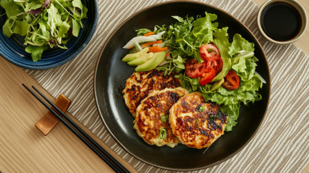 A vibrant dish featuring savory vegetable patties accompanied by a fresh salad and dipping sauce, beautifully presented on a wooden table setting. Perfect for healthy meals.の素材