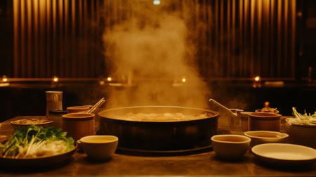 Enjoy a captivating hot pot dining experience with steaming broth and a beautiful arrangement of fresh ingredients, creating a warm and inviting atmosphere.の素材