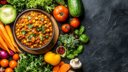 A vibrant display of fresh vegetables surrounding a hearty bowl of vegetable chili, perfect for promoting healthy eating and inspiring delicious meals at home.の素材