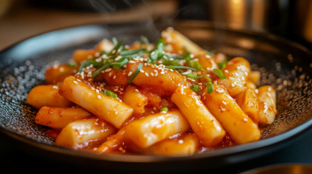 A visually appealing plate of tteokbokki, featuring chewy rice cakes in a spicy sauce, garnished beautifully with green onion and sesame seeds, perfect for food enthusiasts.の素材