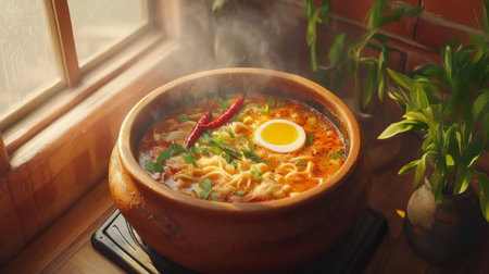 A steaming bowl of flavorful noodle soup served in a rustic pot, garnished with fresh herbs and chili peppers, perfect for cozy dining moments.の素材
