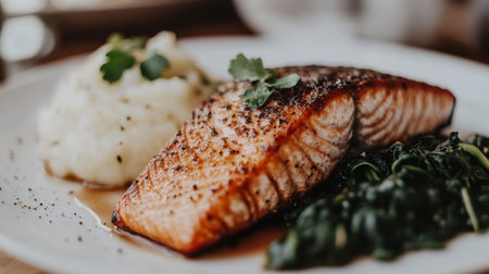 A beautifully presented grilled salmon fillet paired with creamy mashed potatoes and fresh spinach creates a delectable dining experience for seafood lovers.の素材