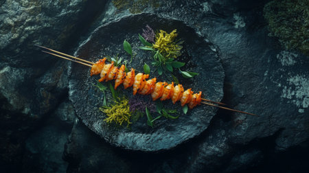 A stunning image of grilled shrimp skewers on a dark stone plate, enhanced with fresh herbs and vibrant garnish, perfect for food-related projects and culinary inspiration.の素材