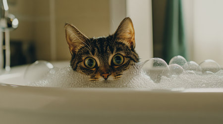 A playful cat with big eyes peeks out from a bubbly bathtub, creating a charming and humorous scene of bath time in a cozy home environment.の素材