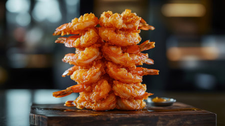 A delectable display of crispy fried shrimp, skillfully stacked on a wooden platter, served with dipping sauce, perfect for seafood lovers and restaurant menus.の素材