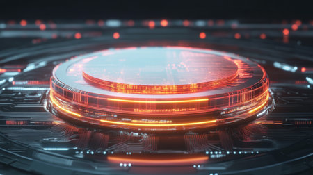 A visually striking digital interface featuring a glowing orange circular power source, surrounded by intricate circuit designs, representing advanced technology and creativity.の素材