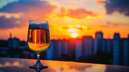 A stunning view of a glass of beer against a vibrant sunset reflecting off a sleek surface, capturing the essence of urban relaxation and evening enjoyment.の素材
