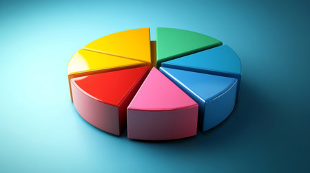 This colorful pie chart illustration on an aqua background symbolizes data visualization and analytical growth, perfect for educational materials and business presentations.の素材