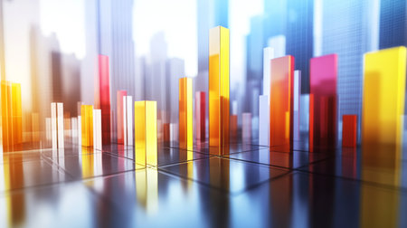 This image showcases a vibrant abstract data visualization featuring colorful bars on a reflective surface, set against a modern city skyline, symbolizing growth and analytics.の素材