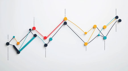 A vibrant and modern abstract visualization featuring colorful line graphs that depict fluctuations and trends, ideal for representing business metrics or financial analysis.の素材