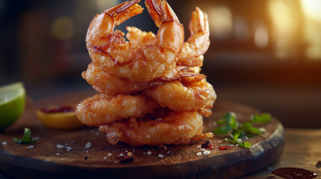 A stack of crispy fried shrimp served on a rustic wooden board, accompanied by fresh lime and herbs for a delightful seafood dining experience.の素材