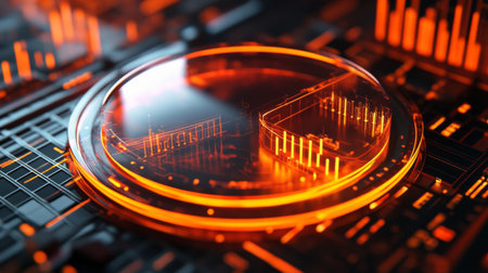 Discover a vibrant abstract digital interface showcasing a circular element with glowing visuals, perfect for representing data analysis and advanced technology themes.の素材