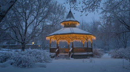 A charming winter gazebo adorned with twinkling lights, surrounded by snow-covered trees, creates a magical atmosphere perfect for holiday celebrations and peaceful winter evenings.の素材