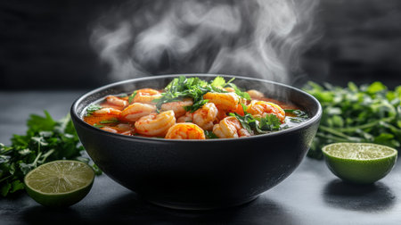 A steaming bowl of shrimp soup garnished with fresh cilantro and lime. This vivid dish captures the essence of flavorful ingredients, perfect for culinary enthusiasts.の素材