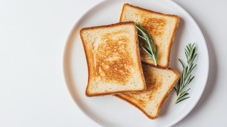 A visually appealing arrangement of golden-brown toast slices on a white plate, garnished with fresh rosemary, ideal for breakfast or any culinary display showcasing delicious simplicity.の素材