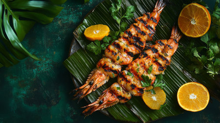 Delight in a beautifully arranged dish of grilled prawns garnished with fresh herbs and citrus, showcasing vibrant colors and exquisite presentation ideal for culinary visuals.の素材
