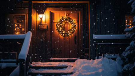A welcoming winter scene featuring a beautifully decorated door with a festive wreath, surrounded by gentle snowfall and warm light, creating a cozy holiday ambiance.の素材