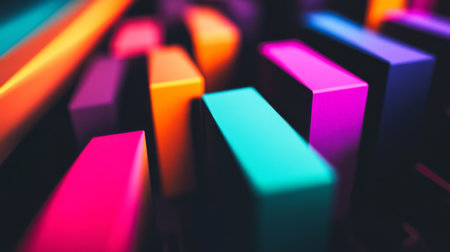 A captivating abstract close-up featuring colorful geometric shapes in vibrant pink, purple, blue, and orange hues, creating a sleek visual depth against a dark backdrop.の素材