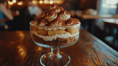 Enjoy a visually stunning tiramisu dessert featuring creamy layers, coffee-soaked ladyfingers, and a fluffy topping in an elegant glass dish for the perfect indulgence.の素材
