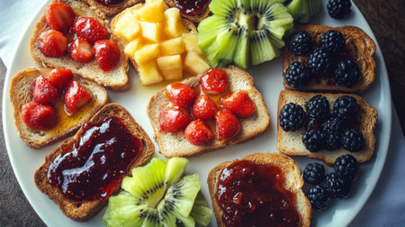 A vibrant plate of delicious fruit-topped toasts featuring strawberries, kiwi, pineapple, and assorted jams, perfect for breakfast, brunch, or a delightful snack.の素材