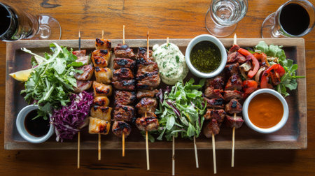 A vibrant and delicious mixed grill platter featuring skewered meats, fresh vegetables, and an assortment of sauces, perfect for sharing and enjoying with friends.の素材
