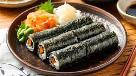 Indulge in these beautifully arranged sushi rolls featuring fresh vegetables, served with wasabi and pickled ginger, perfect for a delightful dining experience.の素材