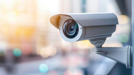This image features a high-definition security camera positioned to monitor a busy city street, representing modern surveillance technology for safety and peace of mind.の素材