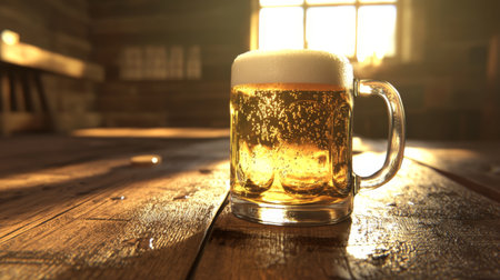 A beautifully crafted glass of beer on a rustic wooden table, illuminated by warm sunlight from an inviting window, perfect for gatherings and relaxation.の素材