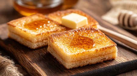 Enjoy a delightful serving of golden brown toast topped with melted butter and a drizzle of honey on a rustic wooden board, perfect for breakfast or brunch inspiration.の素材