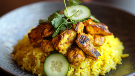 A beautifully arranged dish showcasing tender grilled chicken atop bright yellow rice, complemented by fresh herbs and crisp cucumber slices, ideal for food photography.の素材