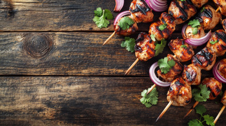 Juicy grilled chicken skewers served with fresh herbs and onion provide a perfect addition to any outdoor gathering, barbecue party, or food photo shoot.の素材