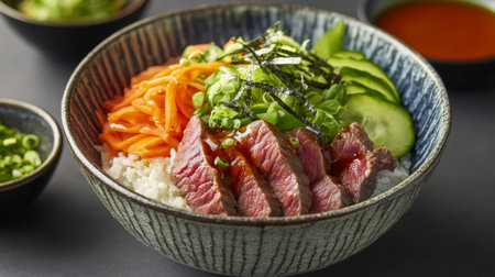 A visually appealing rice bowl filled with sliced steak, colorful vegetables, and fresh herbs, ideal for showcasing gourmet meal ideas or healthy eating.の素材