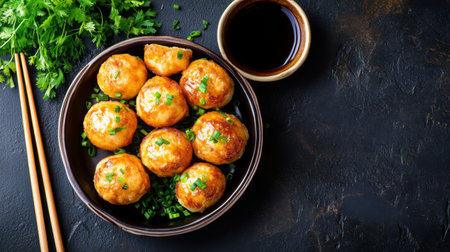 This enticing image showcases golden brown meatballs garnished with fresh green onions, served alongside soy sauce and vibrant cilantro, creating a tantalizing meal presentation.の素材