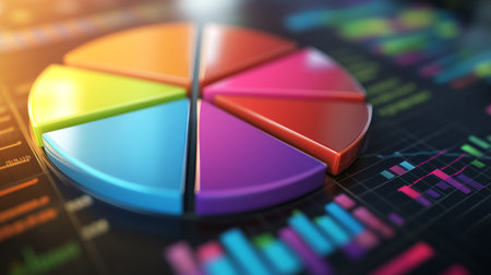 A vibrant pie chart set against a dark background showcases data insights, highlighting business performance and strategic growth opportunities through colorful visual elements.の素材