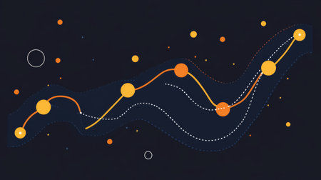 This abstract visualization depicts data trends using orange and yellow dots on a dark background, ideal for business analysis and technology presentations.の素材