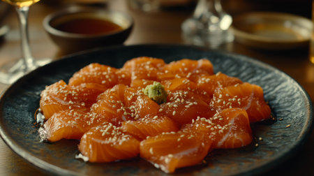 A beautifully arranged plate of salmon sashimi garnished with sesame seeds and a dollop of wasabi, representing culinary artistry in Japanese cuisine. Perfect for food enthusiasts.の素材