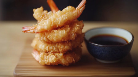 A tempting stack of crispy fried shrimp on a wooden platter, accompanied by a small bowl of soy sauce. Ideal for culinary photography and Asian cuisine. Perfect for seafood lovers.の素材